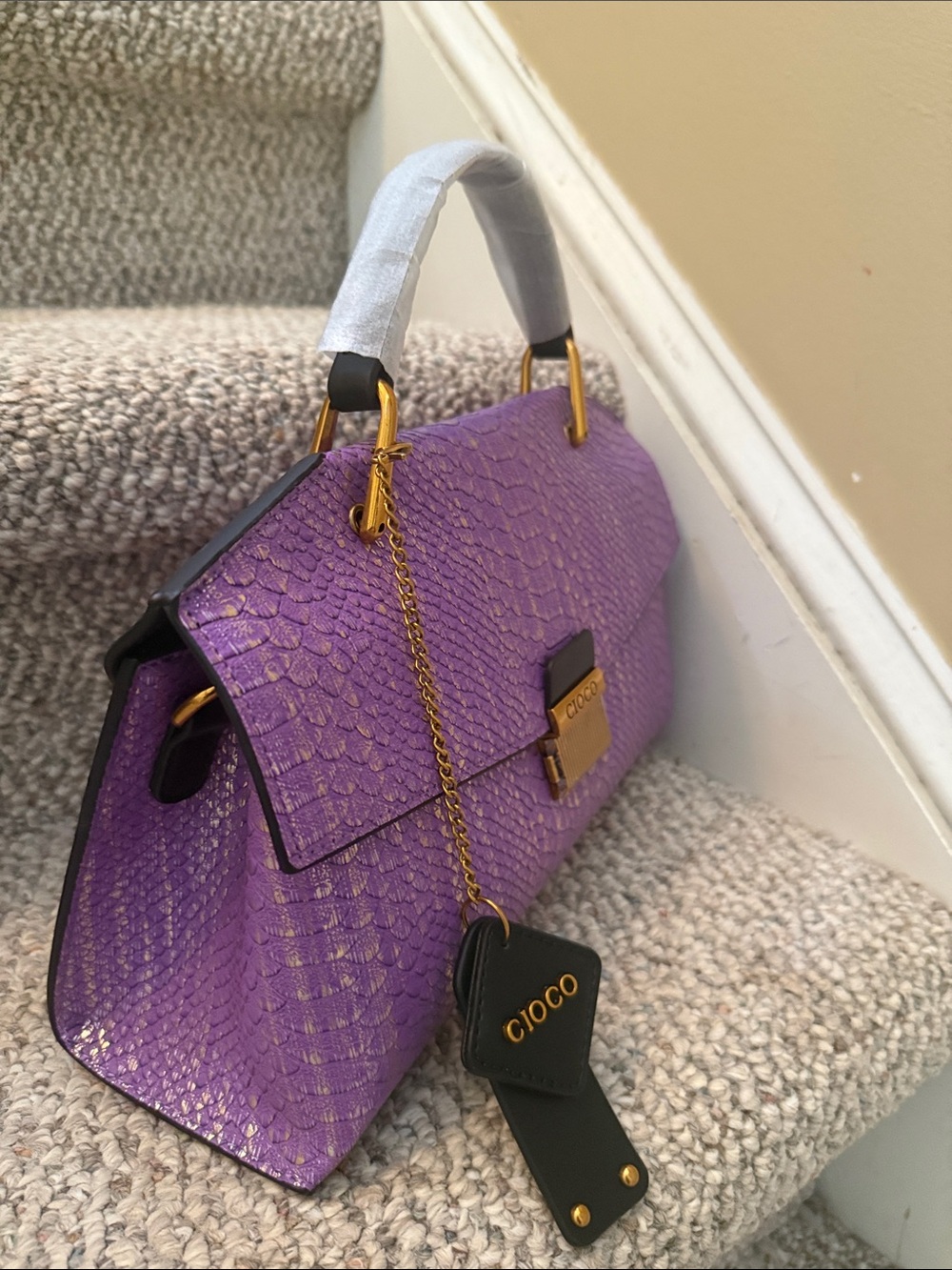 Purple Textured Snake Kin Top-Handle Bag - Picture 4 of 7